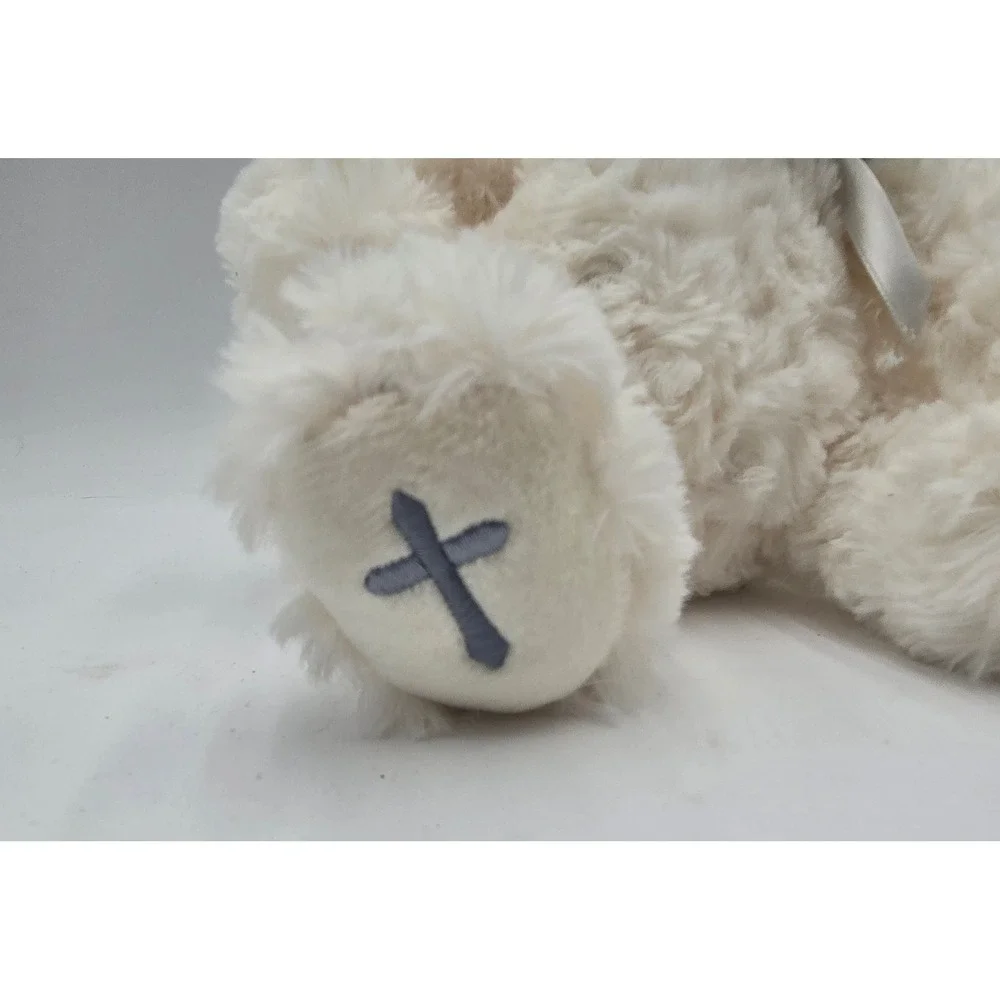 Demdaco White Plush Teddy Bear with Grey Cross Foot Baptism Christening Gift